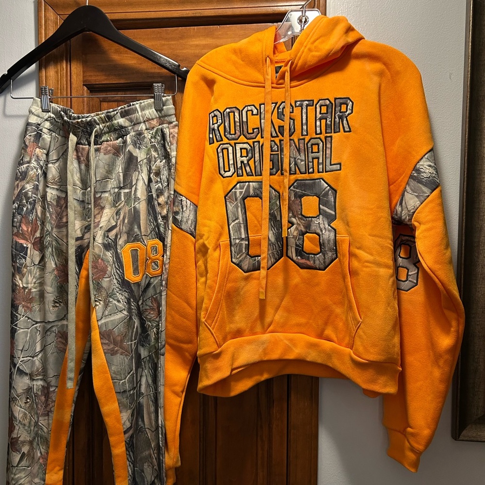 Rockstar Original Orange Hoodie and Camo Pants Set